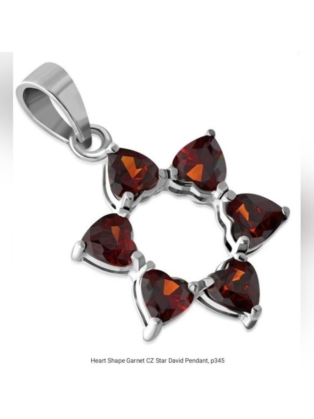 Pendant: Heart Shape Garnet CZ Star of David Silver Pendant